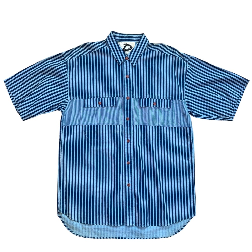 Drummer Boy Collection Mens Blue Striped Cotton Short Sleeve Button Down Shirt M